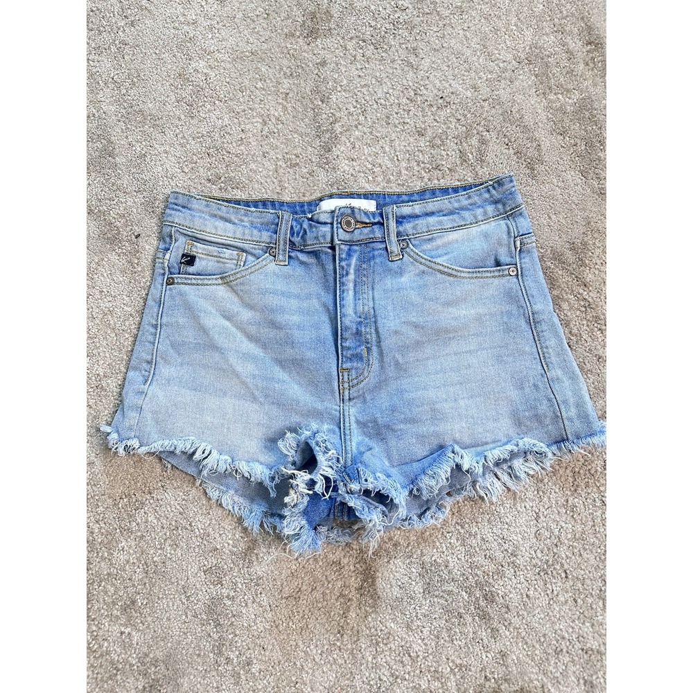 KanCan Women's High Rise Light Wash Denim Cut Off Shorts Stretch 5-Pocket